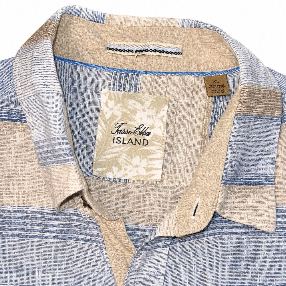 Tasso Elba Island Shirt Mens XL Linen Cotton Striped Button Up Blue Beige - Picture 5 of 7